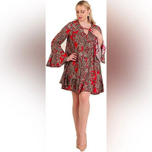 Umgee Women M Oversized Mini Dress Tunic Red Paisley V-Neck Keyhole Bell Sleeve